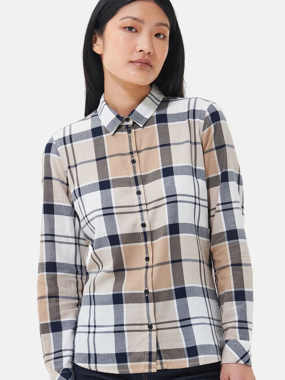 Barbour 100% Cotton Beige and Navy Plaid Shirt with Branded Tag Size 10